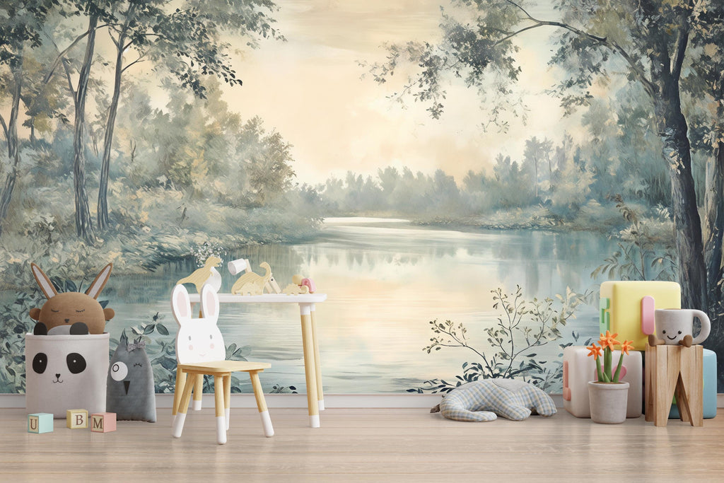 Forest River Nursery Wallpaper – Calm Landscape Wall Mural for Baby Room Bedroom Living Room Stylish 3D Nature Wallpaper Modern Bold Wall