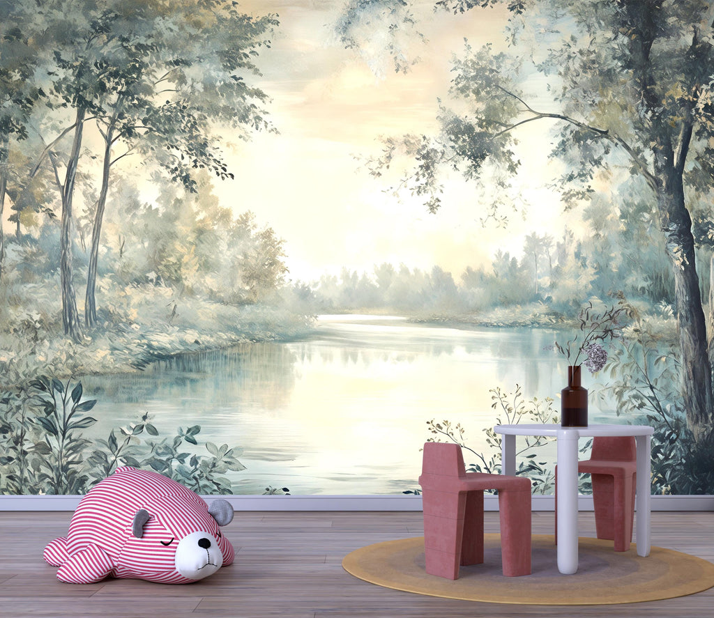 Forest River Nursery Wallpaper – Calm Landscape Wall Mural for Baby Room Bedroom Living Room Stylish 3D Nature Wallpaper Modern Bold Wall