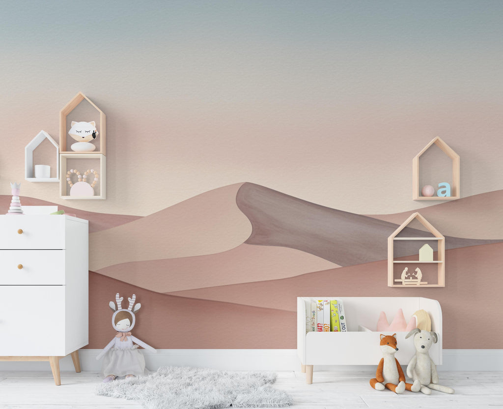 Desert Watercolor Sunset Wallpaper Mural – Elegant Warm Toned Dune Landscape with Cactus & Mesas – Terracotta Peach Wall Art Decor 859RS