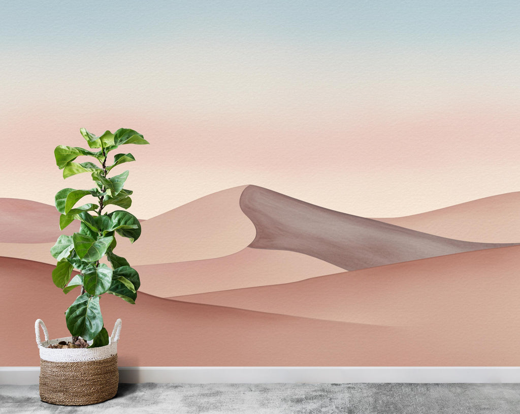 Desert Watercolor Sunset Wallpaper Mural – Elegant Warm Toned Dune Landscape with Cactus & Mesas – Terracotta Peach Wall Art Decor 859RS