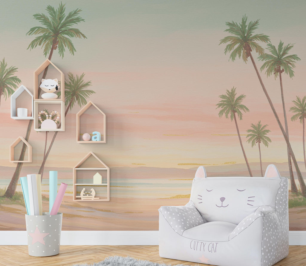Palm Beach Wallpaper Watercolor Sea Palm Beach Mural with Ocean Beach Wall Art for Nursery Bedroom or Living Room 860RS