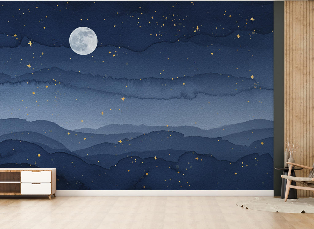 Night Sky Watercolor Starry Luxury Wallpaper Mural – Full Moon & Golden Stars Wall Art for Bedroom, Living Room, Nursery Decor 861RS
