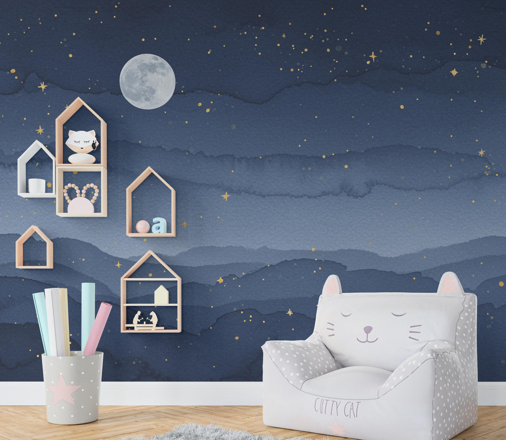 Night Sky Watercolor Starry Luxury Wallpaper Mural – Full Moon & Golden Stars Wall Art for Bedroom, Living Room, Nursery Decor 861RS