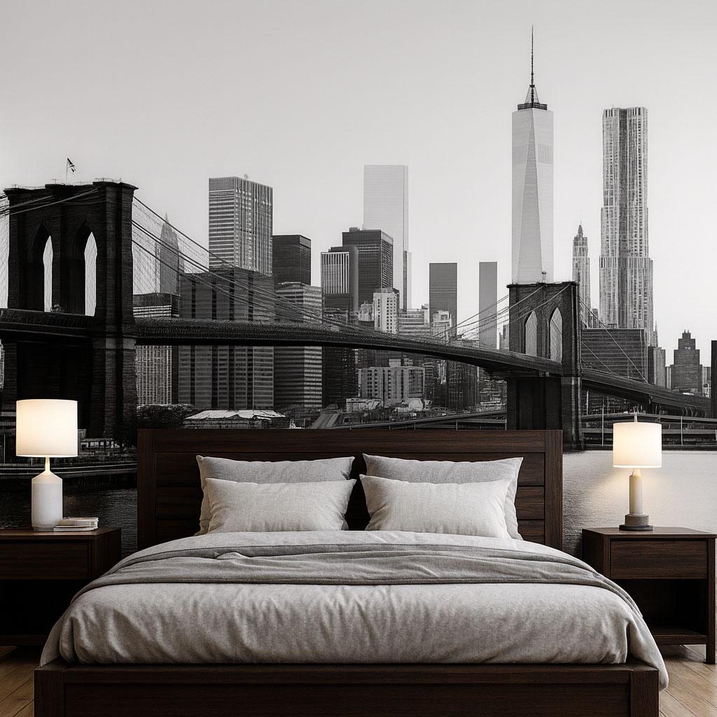 Brooklyn Bridge Wallpaper Mural, Black And White New York City Skyline Wall Art, Modern 3D Cityscape Wallpaper For Living Room Bedroom