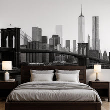 Load image into Gallery viewer, Brooklyn Bridge Wallpaper Mural, Black And White New York City Skyline Wall Art, Modern 3D Cityscape Wallpaper For Living Room Bedroom