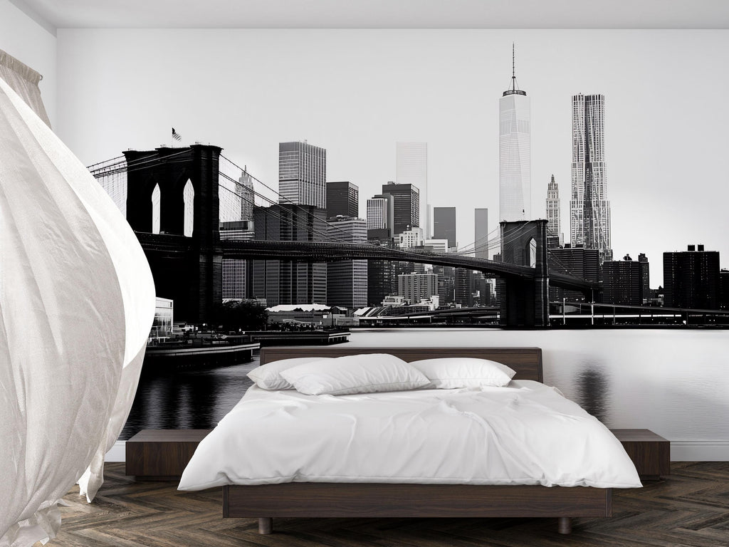 Brooklyn Bridge Wallpaper Mural, Black And White New York City Skyline Wall Art, Modern 3D Cityscape Wallpaper For Living Room Bedroom