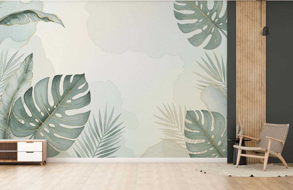 Tropical Leaf Wallpaper Watercolor Wall Mural – Tropical wall decor leaf wall decal, wall art Kids Room or Nursery 891RS
