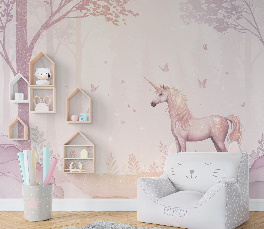 Unicorn Princess Forest Wall Graphics Peel and Stick Girl room Wallpaper Nursery Self Adhesive Rainbow nursery wall decor Mural 896RS