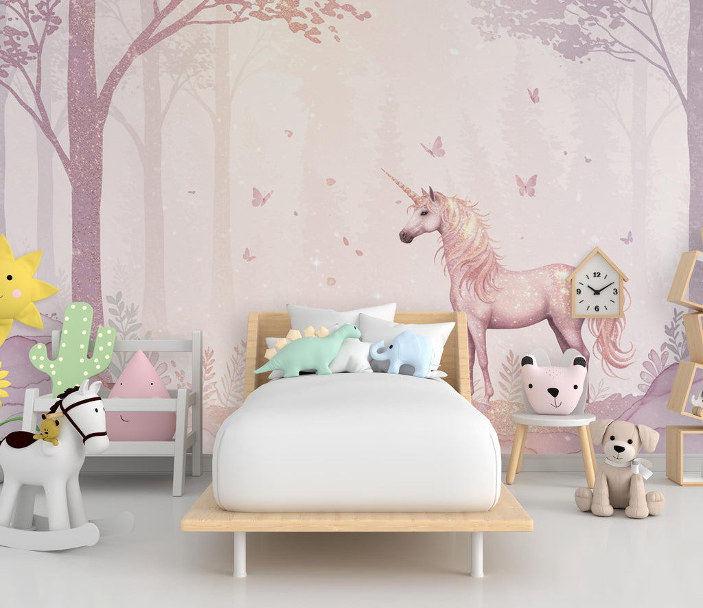 Unicorn Princess Forest Wall Graphics Peel and Stick Girl room Wallpaper Nursery Self Adhesive Rainbow nursery wall decor Mural 896RS