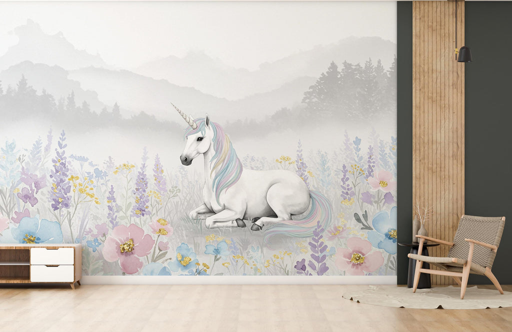 Unicorn Princess Flower Watercolor Wall Graphics Peel and Stick Girl room Wallpaper Nursery Self Adhesive Rainbow nursery decor Mural 897RS