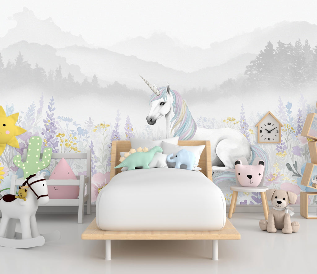 Unicorn Princess Flower Watercolor Wall Graphics Peel and Stick Girl room Wallpaper Nursery Self Adhesive Rainbow nursery decor Mural 897RS
