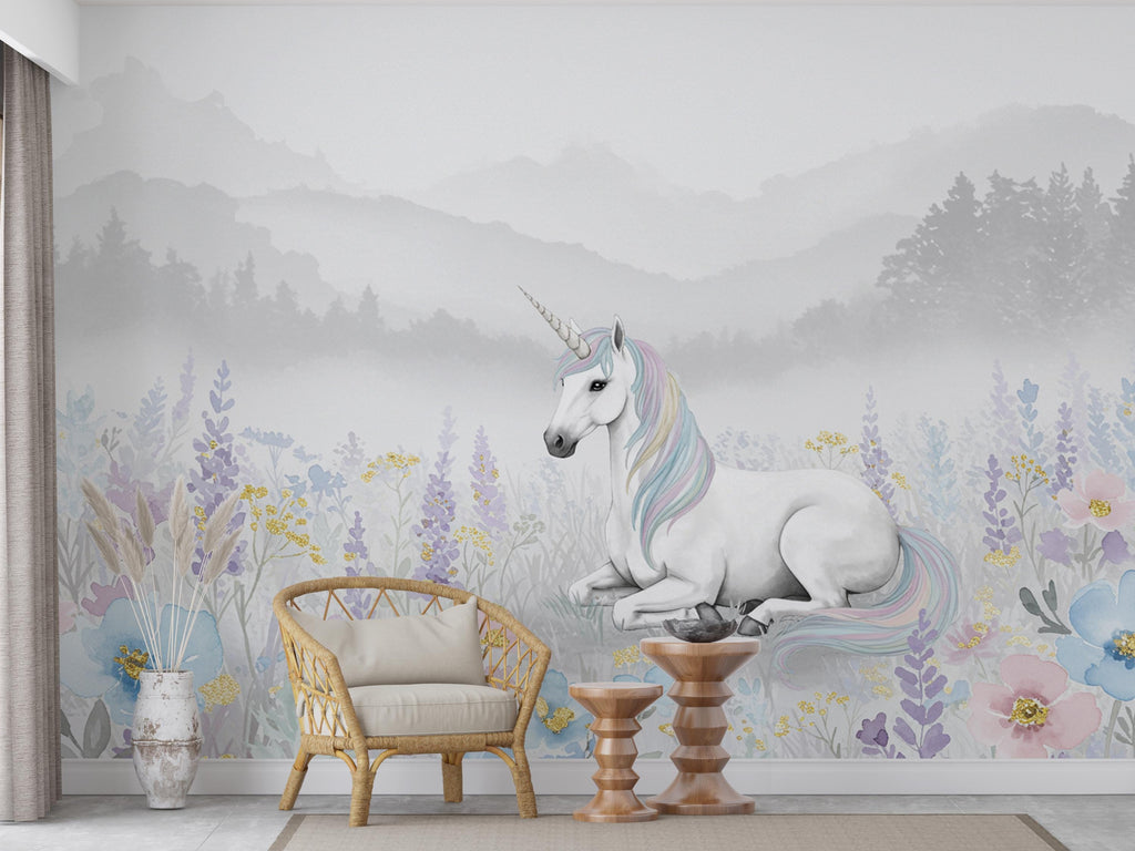 Unicorn Princess Flower Watercolor Wall Graphics Peel and Stick Girl room Wallpaper Nursery Self Adhesive Rainbow nursery decor Mural 897RS