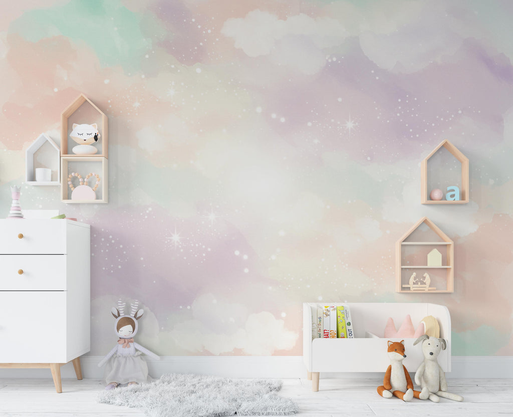 Rainbow Watercolor Cloud Wallpaper Stars Peel and Stick Girl room Wallpaper Nursery Self Adhesive Rainbow nursery decor Mural 898RS