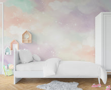Load image into Gallery viewer, Rainbow Watercolor Cloud Wallpaper Stars Peel and Stick Girl room Wallpaper Nursery Self Adhesive Rainbow nursery decor Mural 898RS