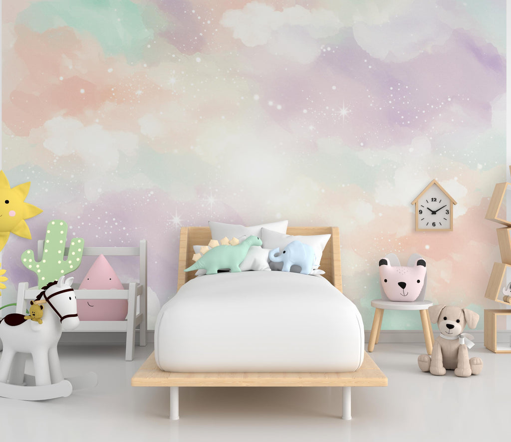 Rainbow Watercolor Cloud Wallpaper Stars Peel and Stick Girl room Wallpaper Nursery Self Adhesive Rainbow nursery decor Mural 898RS