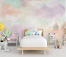 Load image into Gallery viewer, Rainbow Watercolor Cloud Wallpaper Stars Peel and Stick Girl room Wallpaper Nursery Self Adhesive Rainbow nursery decor Mural 898RS