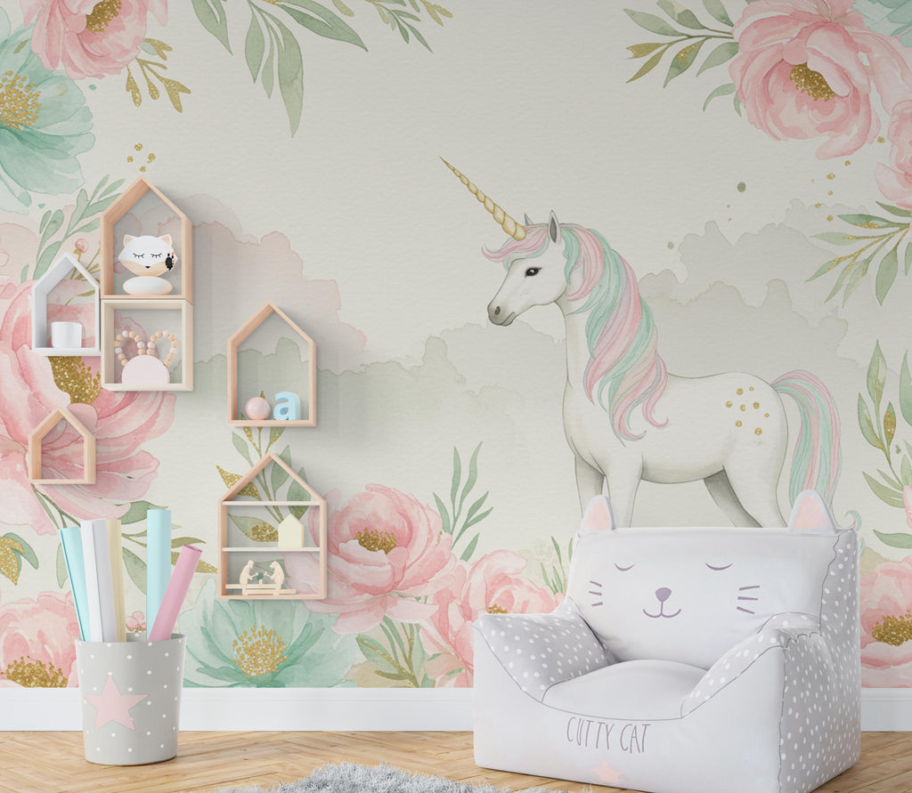Unicorn Flower Watercolor Wall Graphics Peel and Stick Girl room Wallpaper Nursery Self Adhesive Rainbow nursery decor Mural 899RS