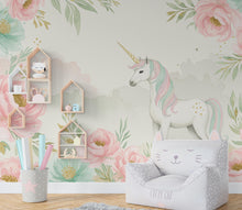 Load image into Gallery viewer, Unicorn Flower Watercolor Wall Graphics Peel and Stick Girl room Wallpaper Nursery Self Adhesive Rainbow nursery decor Mural 899RS