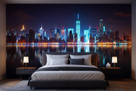 New York City Skyline Wallpaper Mural At Night – Modern 3D Cityscape Wall Decor For Bedroom Living Room Office | Stylish Bold Gift For Home