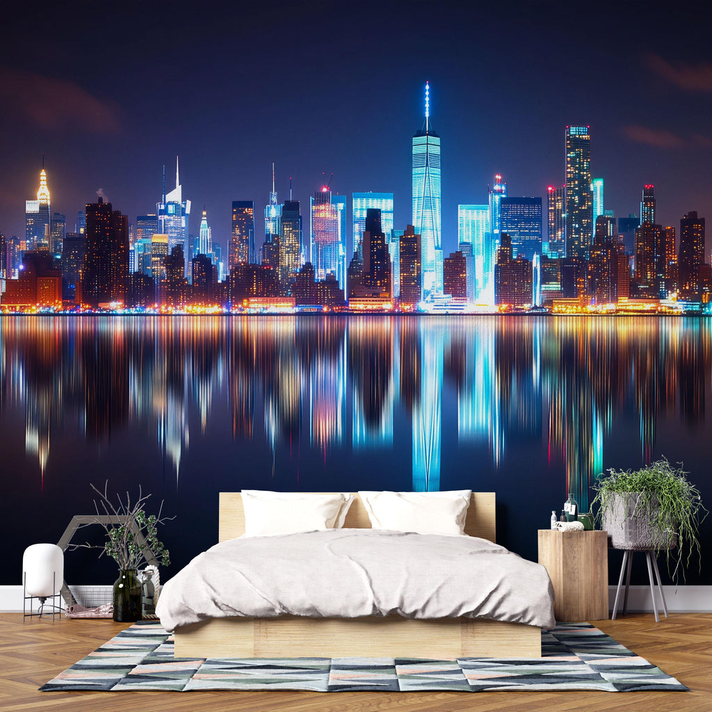 New York City Skyline Wallpaper Mural At Night – Modern 3D Cityscape Wall Decor For Bedroom Living Room Office | Stylish Bold Gift For Home