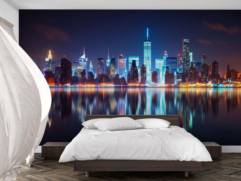 New York City Skyline Wallpaper Mural At Night – Modern 3D Cityscape Wall Decor For Bedroom Living Room Office | Stylish Bold Gift For Home