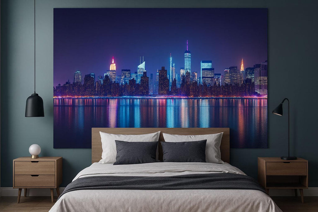 New York City Night Skyline Wallpaper Mural – 3D Modern City Lights Wall Decor for Bedroom Living Room Office Stylish Bold Gift Idea