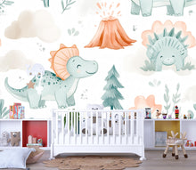 Load image into Gallery viewer, Cute Dinosaur Nursery Wallpaper – Cartoon Dino Wall Mural for Baby Room Playroom Stylish Kids Decor 3D Wallpaper Modern Bold Holiday Gift
