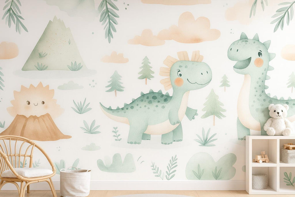Cute Dinosaur Nursery Wallpaper – Cartoon Dino Wall Mural for Baby Room Playroom Stylish Kids Wall Decor 3D Wallpaper Modern Bold Holiday
