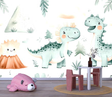 Load image into Gallery viewer, Cute Dinosaur Nursery Wallpaper – Cartoon Dino Wall Mural for Baby Room Playroom Stylish Kids Wall Decor 3D Wallpaper Modern Bold Holiday