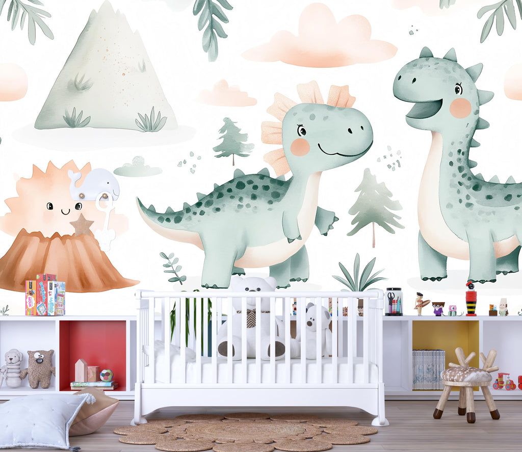Cute Dinosaur Nursery Wallpaper – Cartoon Dino Wall Mural for Baby Room Playroom Stylish Kids Wall Decor 3D Wallpaper Modern Bold Holiday