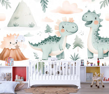 Load image into Gallery viewer, Cute Dinosaur Nursery Wallpaper – Cartoon Dino Wall Mural for Baby Room Playroom Stylish Kids Wall Decor 3D Wallpaper Modern Bold Holiday