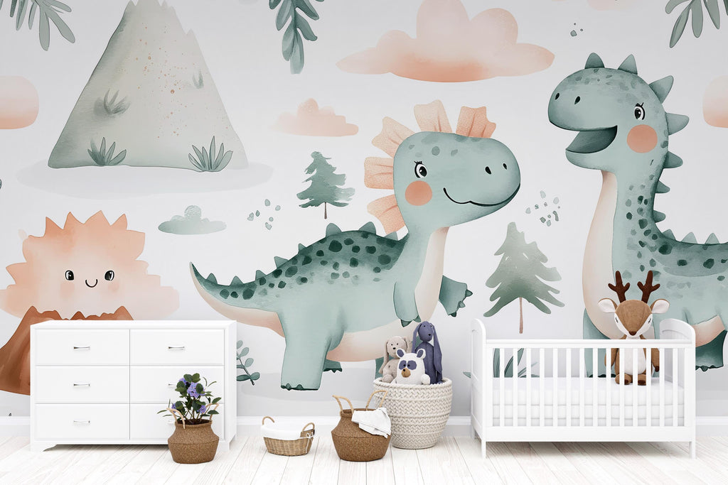 Cute Dinosaur Nursery Wallpaper – Cartoon Dino Wall Mural for Baby Room Playroom Stylish Kids Wall Decor 3D Wallpaper Modern Bold Holiday