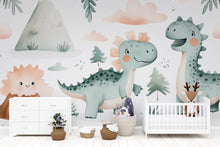 Load image into Gallery viewer, Cute Dinosaur Nursery Wallpaper – Cartoon Dino Wall Mural for Baby Room Playroom Stylish Kids Wall Decor 3D Wallpaper Modern Bold Holiday