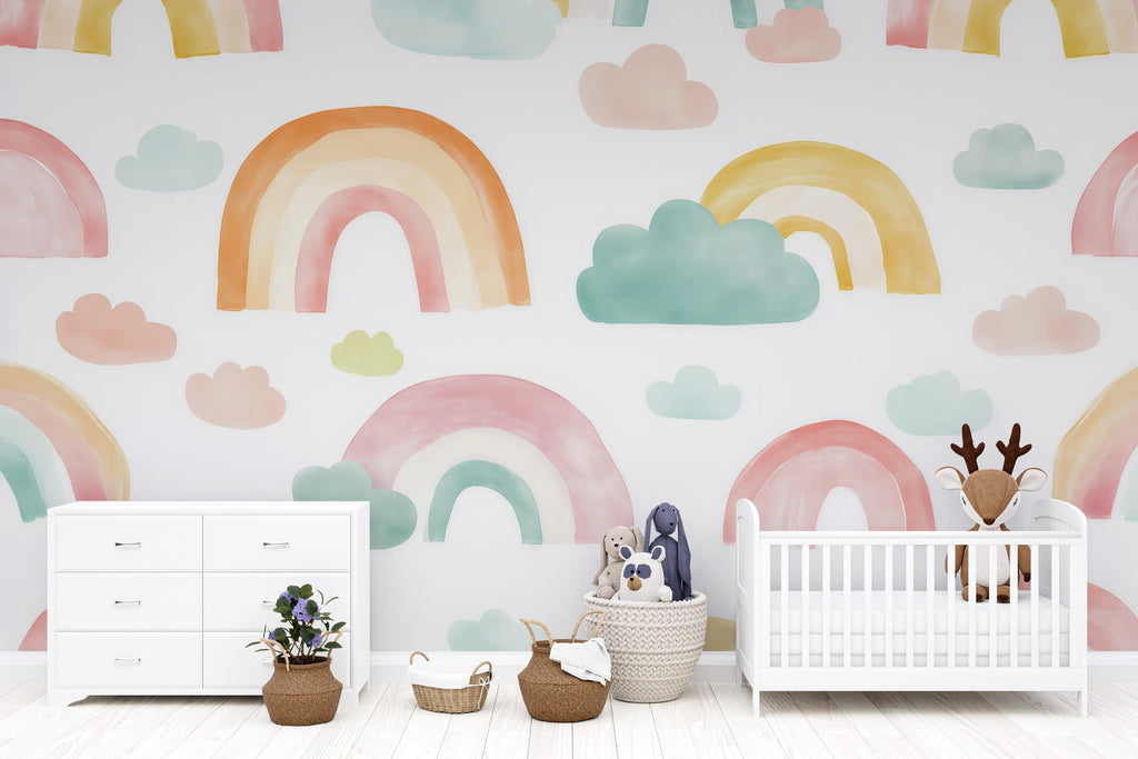 Rainbow Nursery Wallpaper, Kids Room Wall Mural, Colorful Baby Room Decor, Peel and Stick Cloud Wall Art, Modern Gender Neutral Playroom