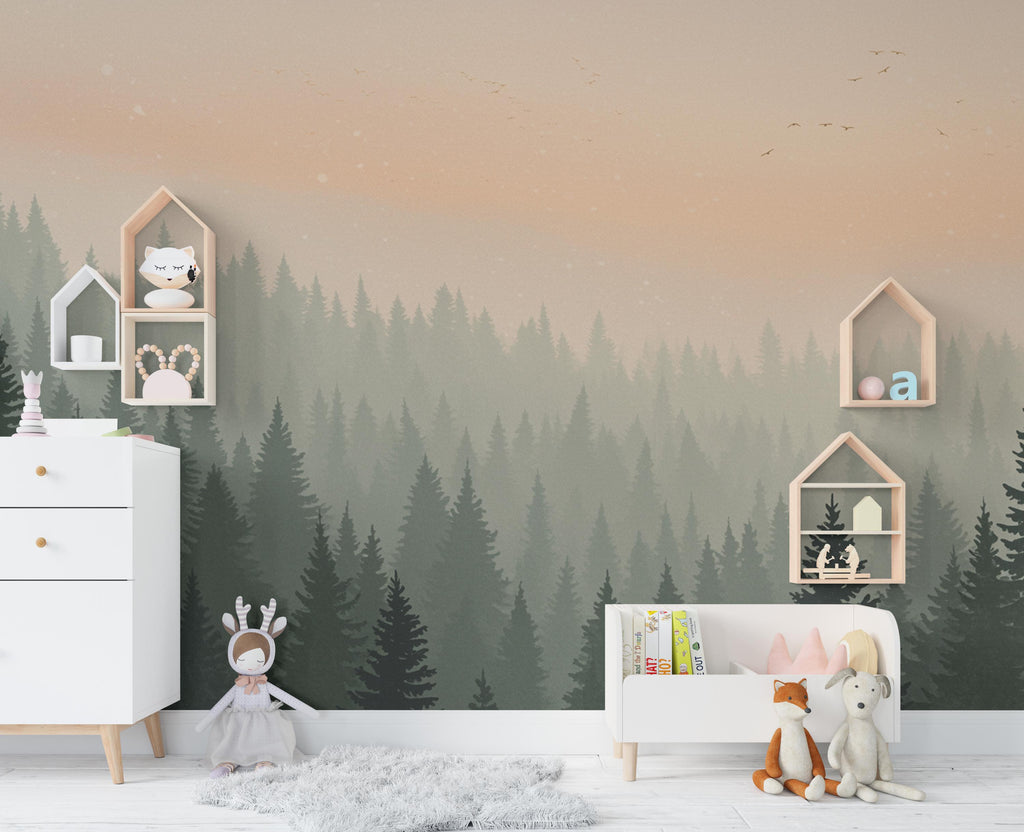 Forest Wallpaper watercolor Peel and Stick Forest Watercolor Wallpaper Mountain Wall Art Pine Tree Nature Wallpaper Blue Mountain Mural