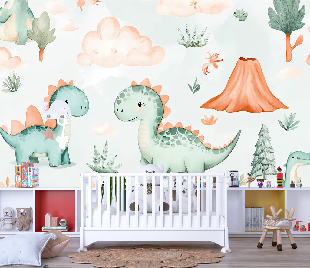 Dinosaur Nursery Wallpaper, Cute Dino Wall Mural for Kids Room, Peel and Stick Baby Room Decor, Playroom Wall Art Gift, Modern Stylish