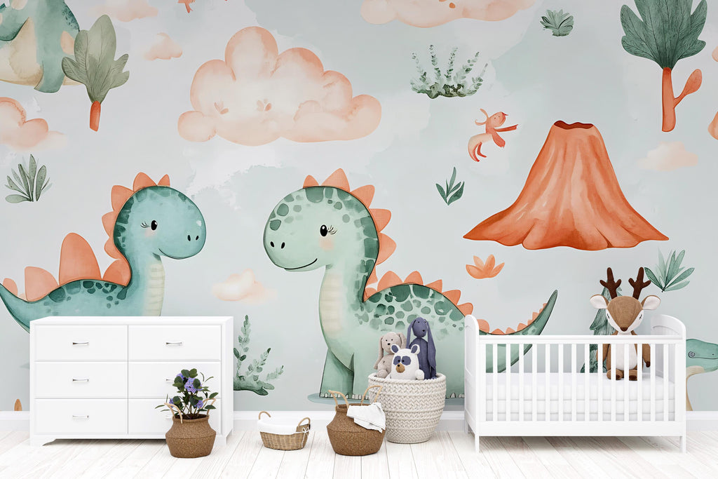 Dinosaur Nursery Wallpaper, Cute Dino Wall Mural for Kids Room, Peel and Stick Baby Room Decor, Playroom Wall Art Gift, Modern Stylish