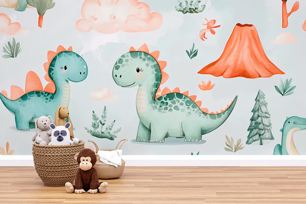 Dinosaur Nursery Wallpaper, Cute Dino Wall Mural for Kids Room, Peel and Stick Baby Room Decor, Playroom Wall Art Gift, Modern Stylish