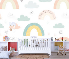 Load image into Gallery viewer, Rainbow Cloud Nursery Wallpaper, Playful Pastel Kids Wall Mural, Peel and Stick Baby Room Decor, Gender Neutral Playroom Art, Stylish Modern