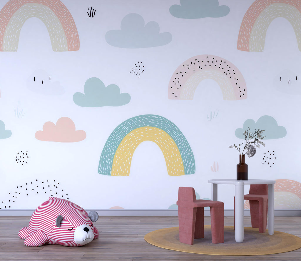 Rainbow Cloud Nursery Wallpaper, Playful Pastel Kids Wall Mural, Peel and Stick Baby Room Decor, Gender Neutral Playroom Art, Stylish Modern