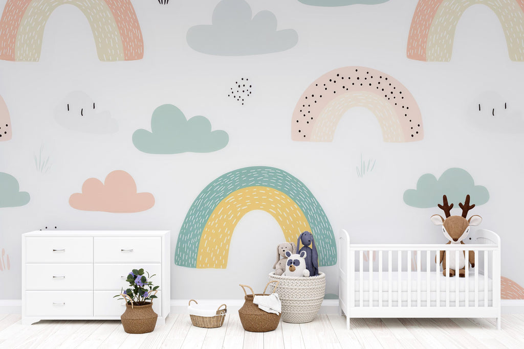 Rainbow Cloud Nursery Wallpaper, Playful Pastel Kids Wall Mural, Peel and Stick Baby Room Decor, Gender Neutral Playroom Art, Stylish Modern