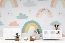 Load image into Gallery viewer, Rainbow Cloud Nursery Wallpaper, Playful Pastel Kids Wall Mural, Peel and Stick Baby Room Decor, Gender Neutral Playroom Art, Stylish Modern