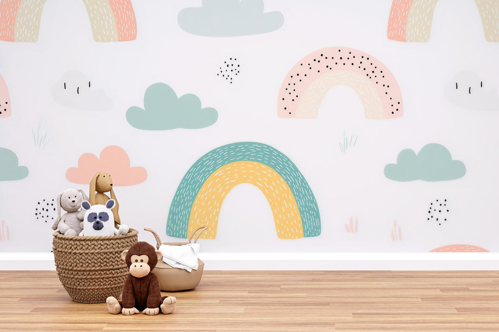 Rainbow Cloud Nursery Wallpaper, Playful Pastel Kids Wall Mural, Peel and Stick Baby Room Decor, Gender Neutral Playroom Art, Stylish Modern