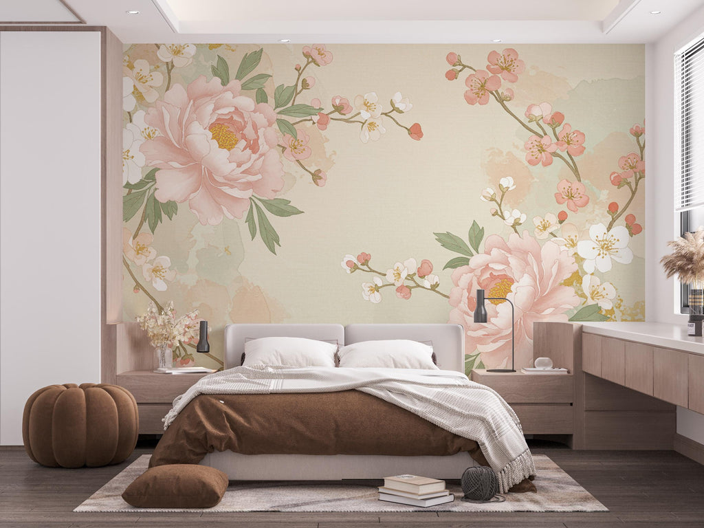 Chinoiserie Cherry Blossom Wall Mural: Antique Gold Birds, Silk Texture