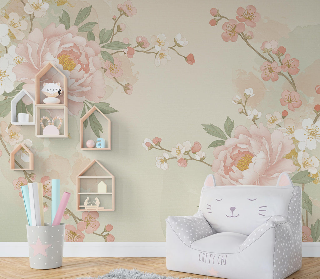 Chinoiserie Cherry Blossom Wall Mural: Antique Gold Birds, Silk Texture