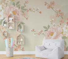 Load image into Gallery viewer, Chinoiserie Cherry Blossom Wall Mural: Antique Gold Birds, Silk Texture