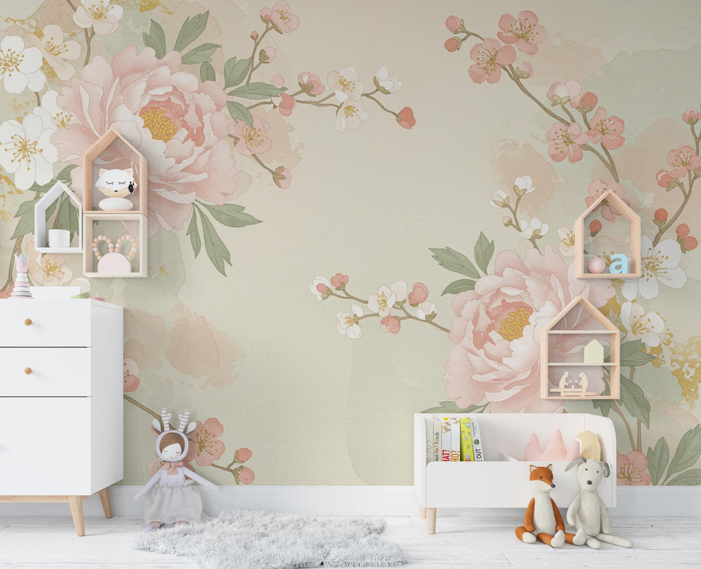Chinoiserie Cherry Blossom Wall Mural: Antique Gold Birds, Silk Texture