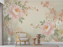 Load image into Gallery viewer, Chinoiserie Cherry Blossom Wall Mural: Antique Gold Birds, Silk Texture