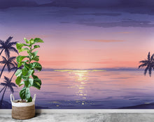 Load image into Gallery viewer, Watercolor Sunset Beach Wallpaper Mural: Palm Tree Ocean Wall Art