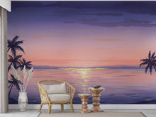 Load image into Gallery viewer, Watercolor Sunset Beach Wallpaper Mural: Palm Tree Ocean Wall Art